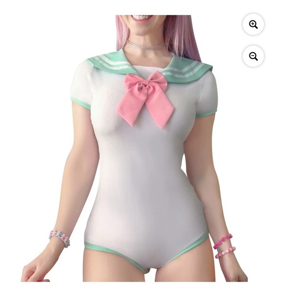 Women's Sailor School Girl Cosplay Costume Set Green White Pink Bow Sz 2XL - Picture 4 of 11